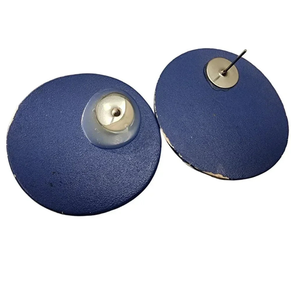 Vintage 60s-70s Polka Dot Stud Dome Earrings Blue White - Picture 2 of 2